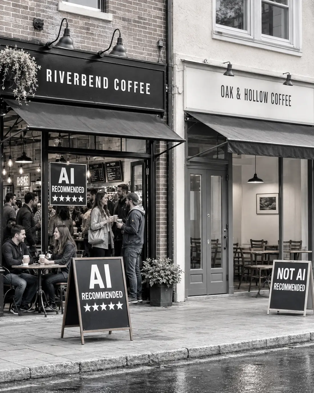 Dos cafeterías vecinas: una con cartel «AI recommended» y llena de clientes, la otra vacía