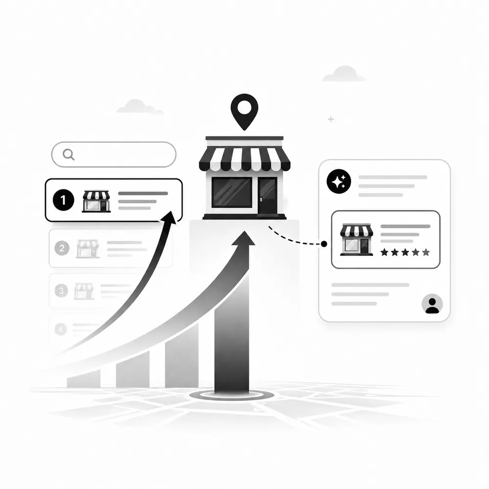 Esquema: resultados de búsqueda, ficha de negocio y reseñas